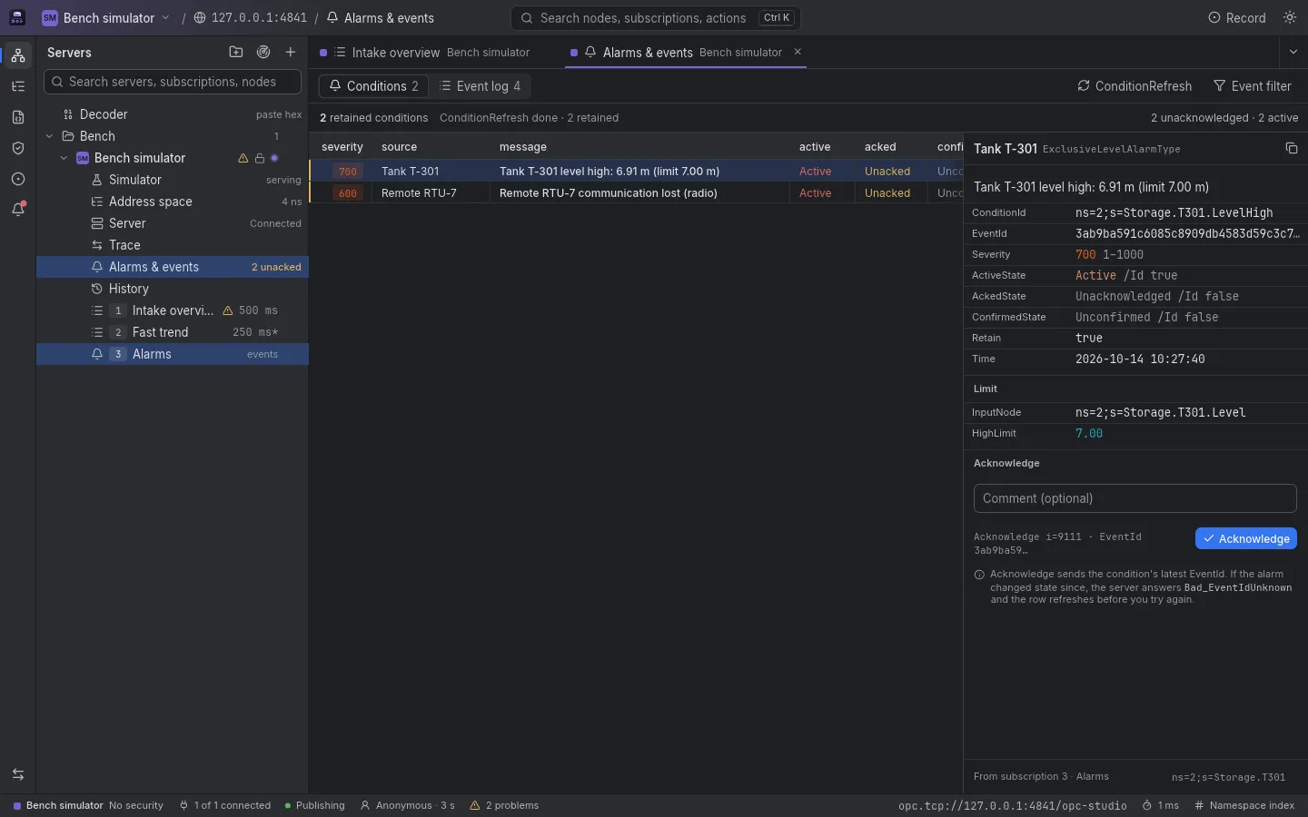 Alarms and events on the Bench simulator: two retained conditions with severity, source, message and active, acknowledged and confirmed state, a ConditionRefresh button and the Event log and Event filter, and the high-level alarm of tank T-301 open with its fields and an Acknowledge button with a comment.