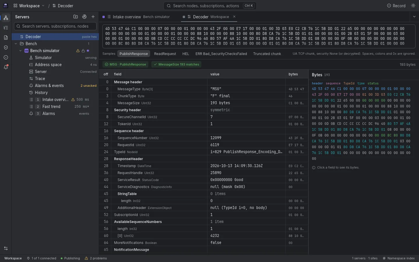 The Decoder with the hex of a PublishResponse pasted in: the message type and service recognised, a check that the message size matches the bytes, a field table with offsets, and a hex dump coloured by section, with samples to try along the top.