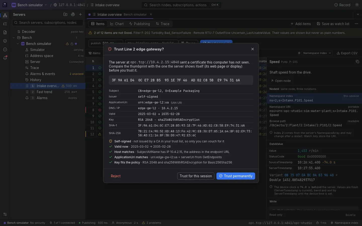 The first-contact trust dialog for Line 2 edge gateway, a sample certificate: its SHA-1 thumbprint in large grouped hex, subject, issuer, ApplicationUri, addresses, validity, key and both fingerprints, five checks (self-signed, valid now, host matches, ApplicationUri matches, key fits the policy), with Reject, Trust for this session and Trust permanently.